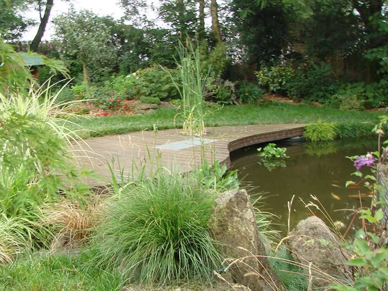 Terrasse en bois sur mesure et bassin dans un jardin paysagé